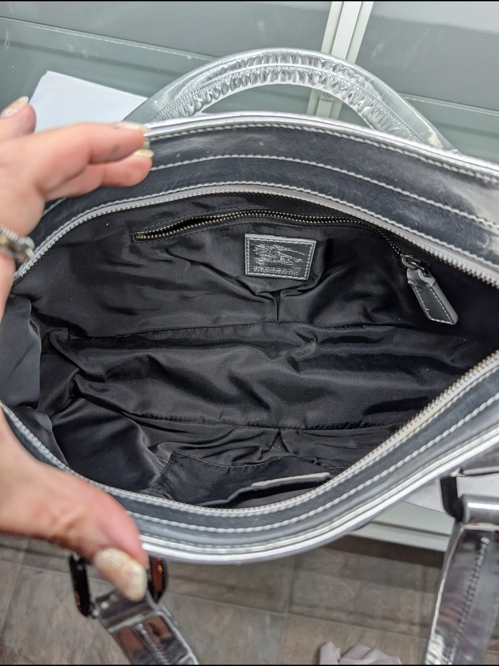 Burberry Black & Silver Plaid Tote Handbag